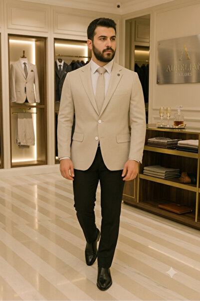 ATKGİYİM Men's Cream Smart Casual Special Textured Italian Cut Blazer Jacket