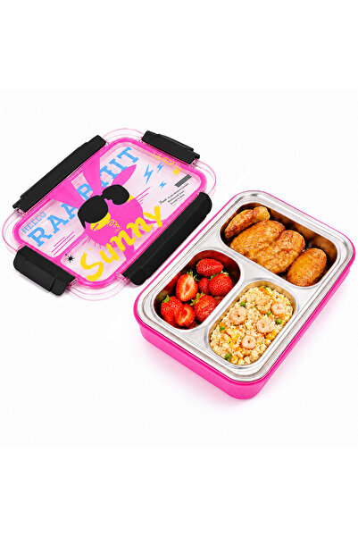 HI-FINE Cool Sunglass Rabbit Kids 304 Stainless Steel Lunch Box 550ml, 3‑Comp...