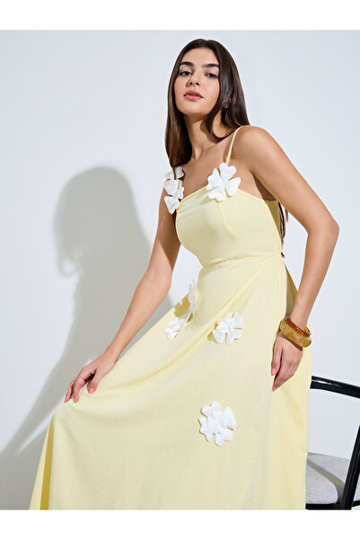 Styli Yellow Strappy Maxi Dress with Floral Applique
