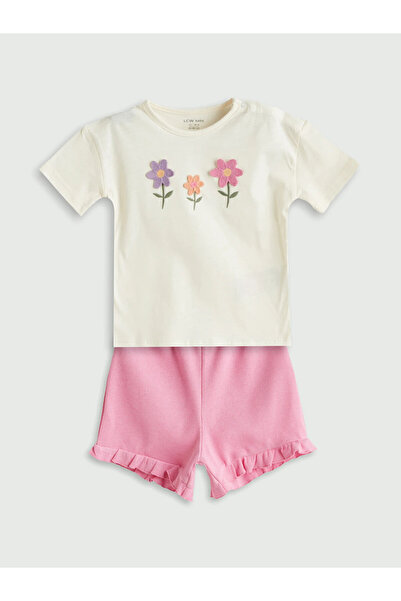 LC Waikiki Lcw Baby Beige Crew Neck Floral Baby Girl Blouse and Shorts 2-Piec...