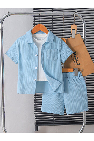 Take Two By Styli Boys Blue Textured Shirt and Shorts Set
