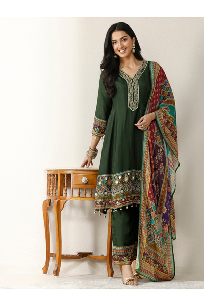 Libas By Styli Printed Silk Blend A-Line Kurta, Palazzos And Dupatta Set