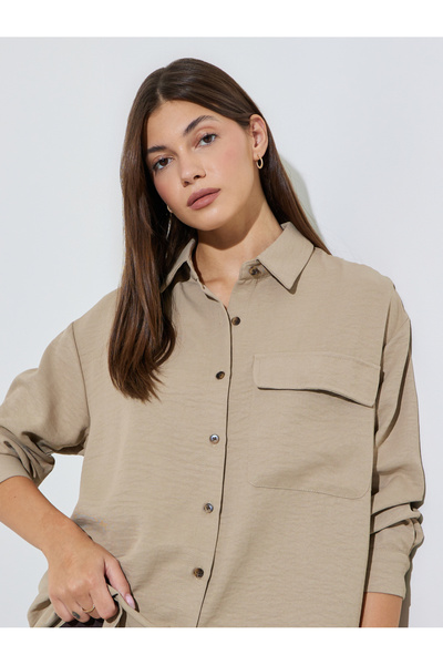 Styli BeigeTextured Pocket Detail Button-Up Overshirt