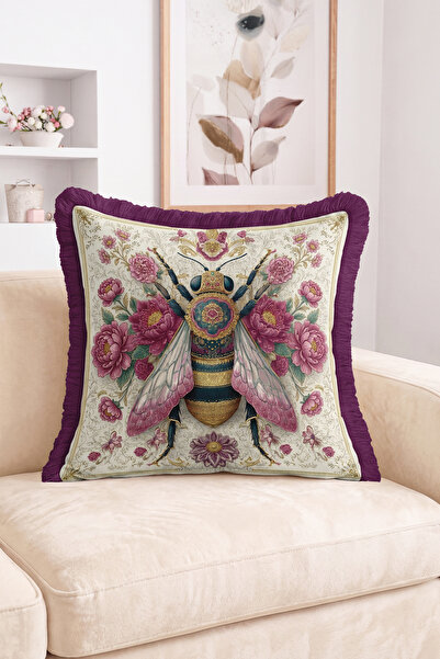 Realhomes Bee Figured Floral Motif Fringed Throw Pillow Cover Bohemian Vintag...