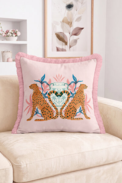 Realhomes Leopard Figured Vase and Plant Patterned Fringed Throw Pillow Cover...