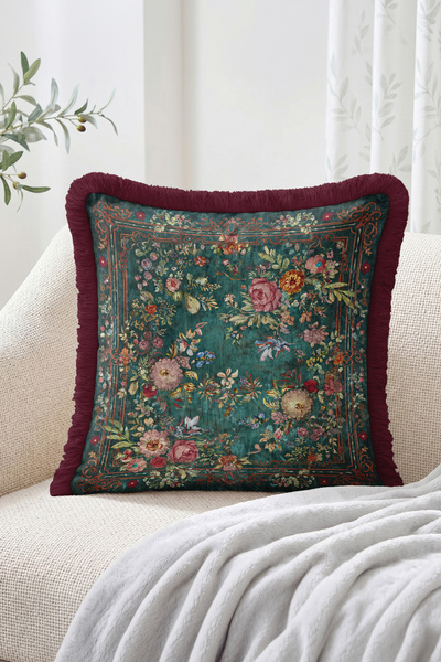 Realhomes Vintage Flower Garden Motif Framed Pattern Fringed Throw Pillow Cov...
