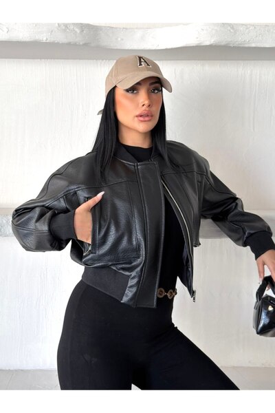 DENİKK TREND STREET WEAR Jachetă scurtă din piele ecologică, cambrată, cu det...