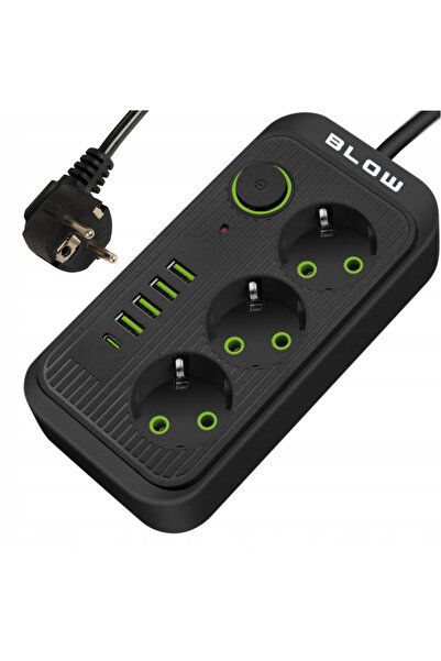 Blow PS-330S Prelungitor cu 3 prize, 4 porturi USB, 1 port USB-C, 3m, negru, ...