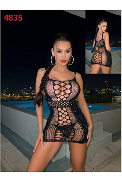 Taş Detaylı Siyah İp Askı Bodycon Elbise