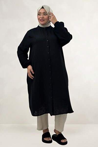Eslina 68070 Plus Size High Collar Buttoned Muslin Tunic - Black
