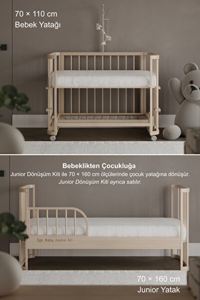 EGEBABY Doğal Ahşap 4in1 Beşik Takım 70 x 110 - Anne Yanı, Karyola, Oyun Parkı, Montessori + Junior Yatak - Beyaz Leaf