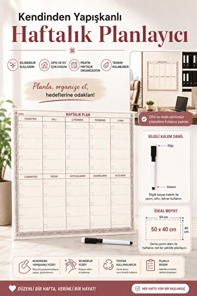 ALL FAST Şeffaf Kendinden Yapışkanlı Haftalık Planlayıcı 40x50 cm Yaz Sil Tak...