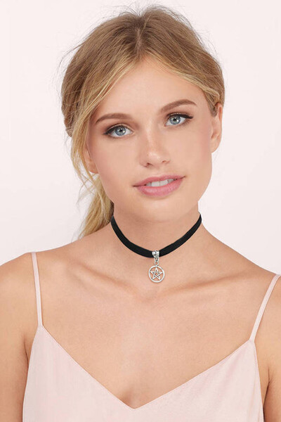 VeeShop Colier choker din catifea neagra, cu medalion Pentagrama