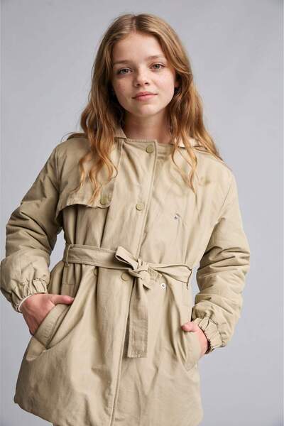 DeFacto Hooded Faux Fur Lined Snap Closure Lightweight Long Raincoat Girls C5...