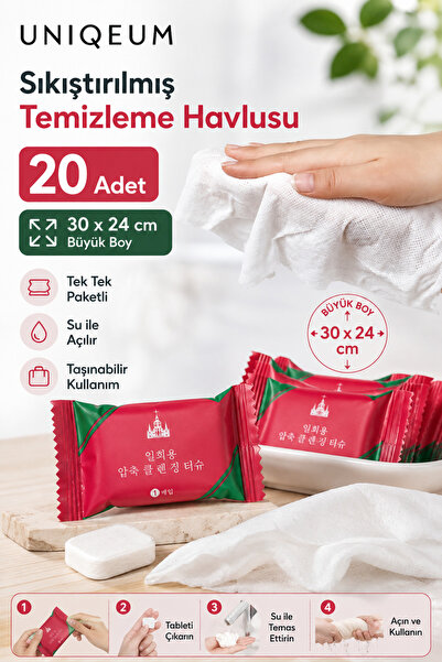 Uniquem 20'li Sıkıştırılmış Temizleme Havlusu 30x24 cm Su ile Açılan Pratik M...