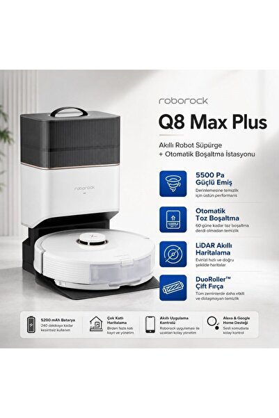 Roborock Q8 Max Plus Çöp Istasyonlu 5500PA Emiş Güçü Akıllı Robot Süpürge - B...