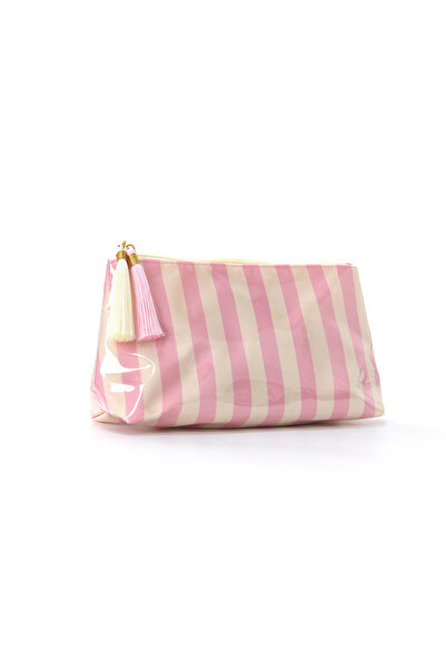 Choice4 PinkBeige-Striped PVC Striped Cosmetic Bag Makeup Bag with Fringe and...