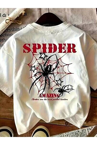 45 BPM []Women'S Graphic T-Shirt White Tee With Red Spider Web & "SPIDER AMAZ...