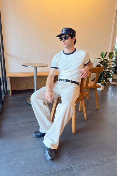 Flaw Wear Ecru Navy Blue Ringer Tee