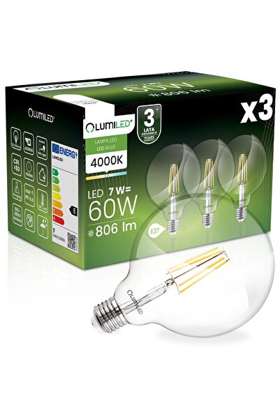 Lumiled 3x Bec LED E27 Sferă G125 7W = 60W 806lm 4000K Neutru 360 °   FILAMENT