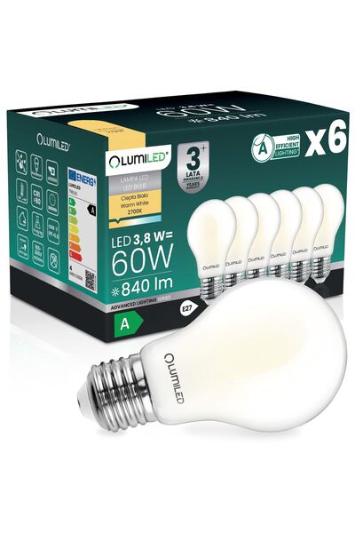 Lumiled 6x Bec LED E27 A60 3.8W 840lm = 60W 2700K Cald 360 °   Filament CLASA A
