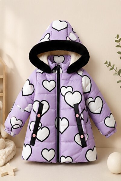 DeKuBaby New Cute Heart Printed Furry Pocket Hooded Winter Plush Inside Infla...