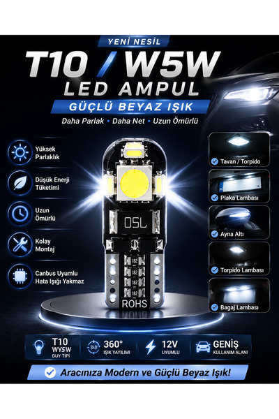 DuoLight T10 W5W LED Ampul 12V Canbus Beyaz Işık Park Plaka Tavan Torpido Bag...
