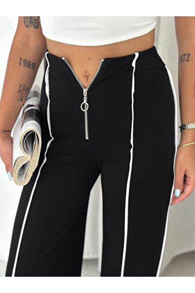 winmoda Women's High Waist Front Zipper White Striped Steel Interlock Stretch...