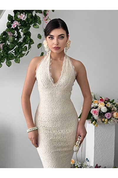 Moda Days Rochie lungă de ocazie pentru femei, bej, din dantelă, cu decolteu ...