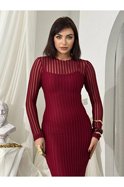 Moda Days Women's Burgundy Long Sleeve Crew Neck Striped Tulle Detailed Midi ...