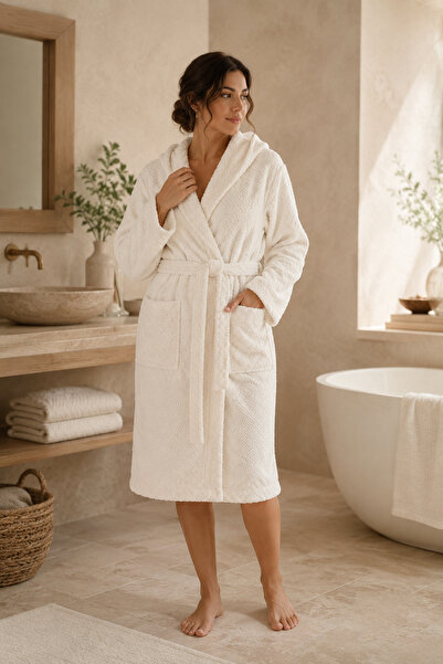 Menderes Home La Notte Cotton Knit Hooded Bathrobe S/M Cream