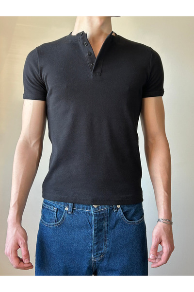 Plus Ninety Black Ribbed Buttoned Slim Fit Henley Collar T-Shirt
