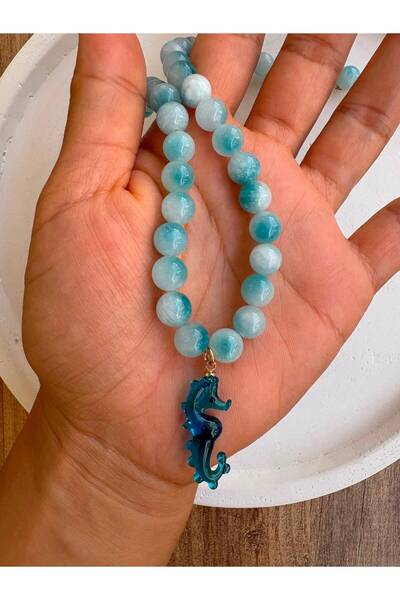Stoneday Aquamarine Natural Stone Murano Seahorse Pointed Plated Summer Necklace