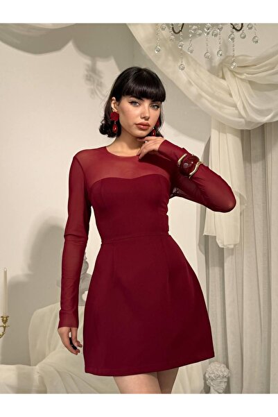 Clothes Fast Women's Burgundy Mini Dress Transparent Tulle Long Sleeve A-Line...