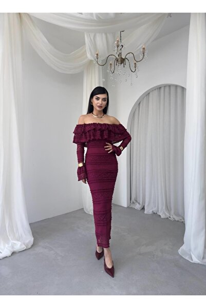 Moda Days Women's Burgundy Strapless Long Sleeve Flounced Lace Midi Bodycon D...