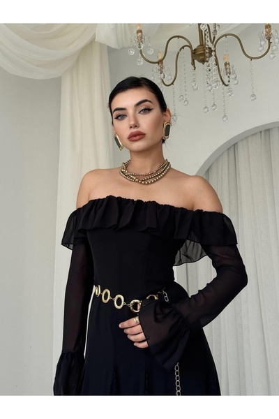 Clothes Fast Γυναικείο μαύρο μίντι φόρεμα με στράπλες λαιμόκοψη, μανίκια από ...