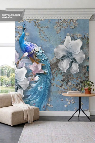 dreamwall Tavus Kuşu, Büyük Kabartma Çiçekler ve Dallar Motifli Tek Parça Tek...