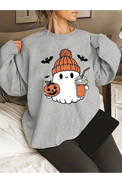 JENOLAN Halloween Themed Crew Neck Black Unisex Oversize Sweatshirt