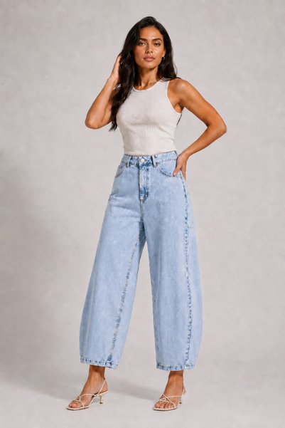 SHEVEGA Kadın Buz Mavi Yüksek Bel Kısa Paça Baggy Jean Kot Pantolon