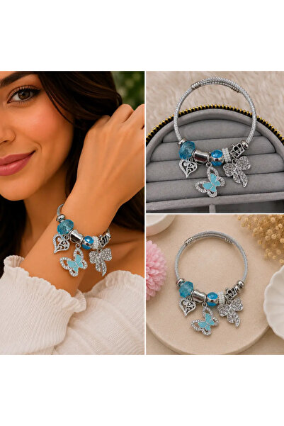 Bozhi Blue Butterfly and Bow Accessory Detailed Silver Color Women's Bracelet...