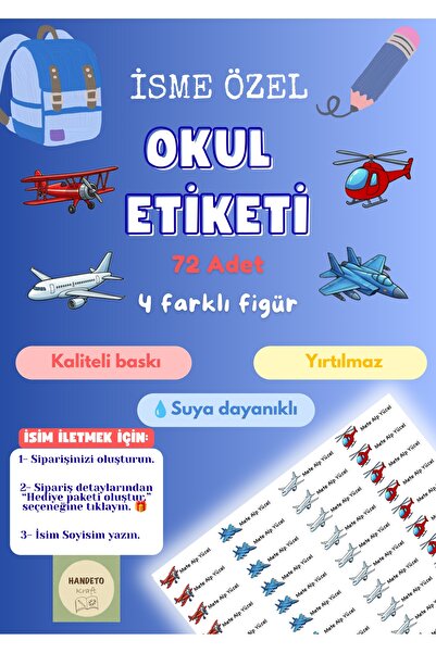 Handeto Kraft 72 Adet Uçak Temalı Kişiye Özel Okul Etiketi İsim Yazılabilen E...