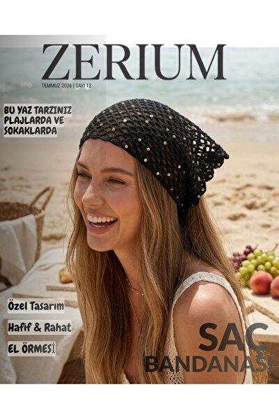 ZERİUM Women's Knitted Bohemian Mesh Summer Bandana Handmade with Sequins Black