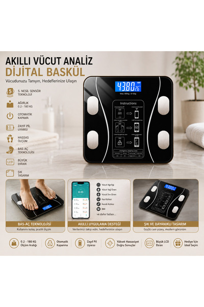 ALL FAST Bluetooth Akıllı Dijital Baskül Yağ Ölçerli LCD Ekranlı Vücut Analiz...