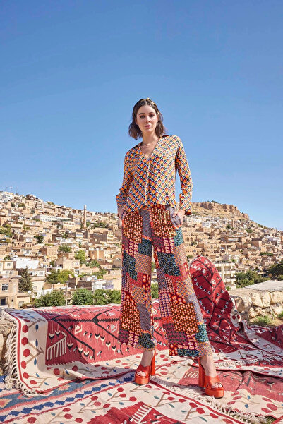 Aria's Closet Ethnic Patterned Satin Bottom Top Set