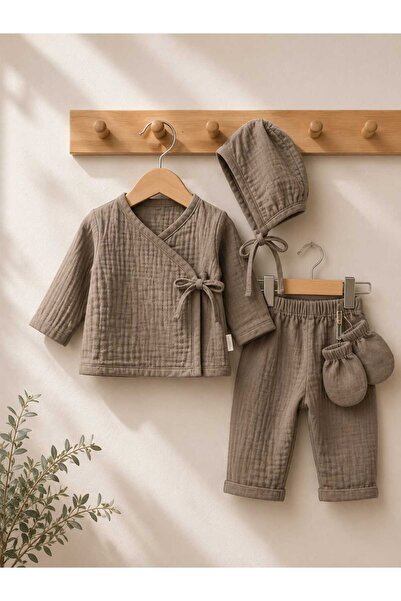 bibebegim Kapuçino Renk Çift Kat Müslin Yenidoğan Kimono Set – 4’lü Bebek Tak...