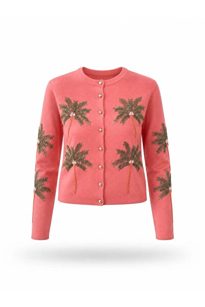 5in1Canpolat Cardigan roz deschis cu mărgele în formă de palmier 150525