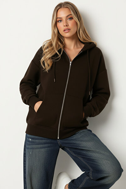 Runades Women's Relaxed Fit Casual Zipper Hooded Sweatshirt Cardigan