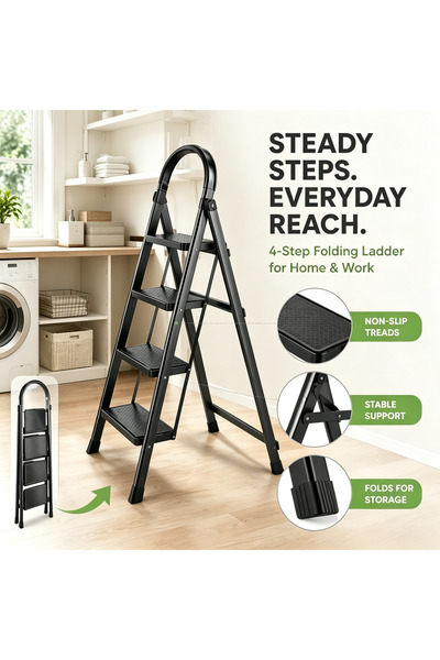 BESTONE Black 4 Step Folding Ladder Aluminum Alloy Lightweight Foldable Step ...