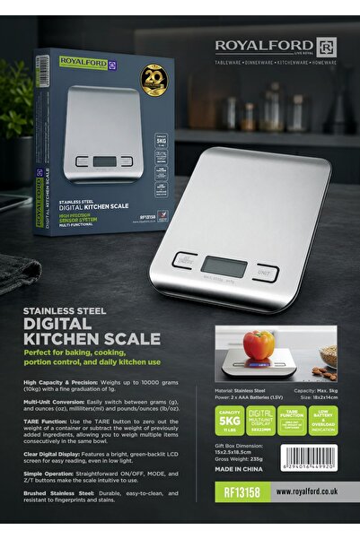 ROYALFORD Stainless Steel Digital Kitchen Scale RF13158 5kg Electronic Food W...