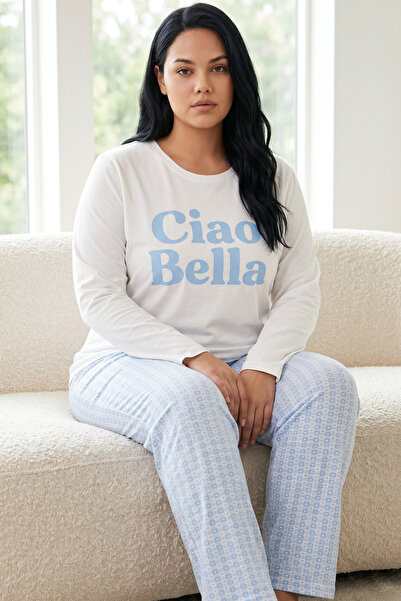 Siyah İnci White Patterned Cotton Lycra Large Size Oversized Knitted Pajama S...